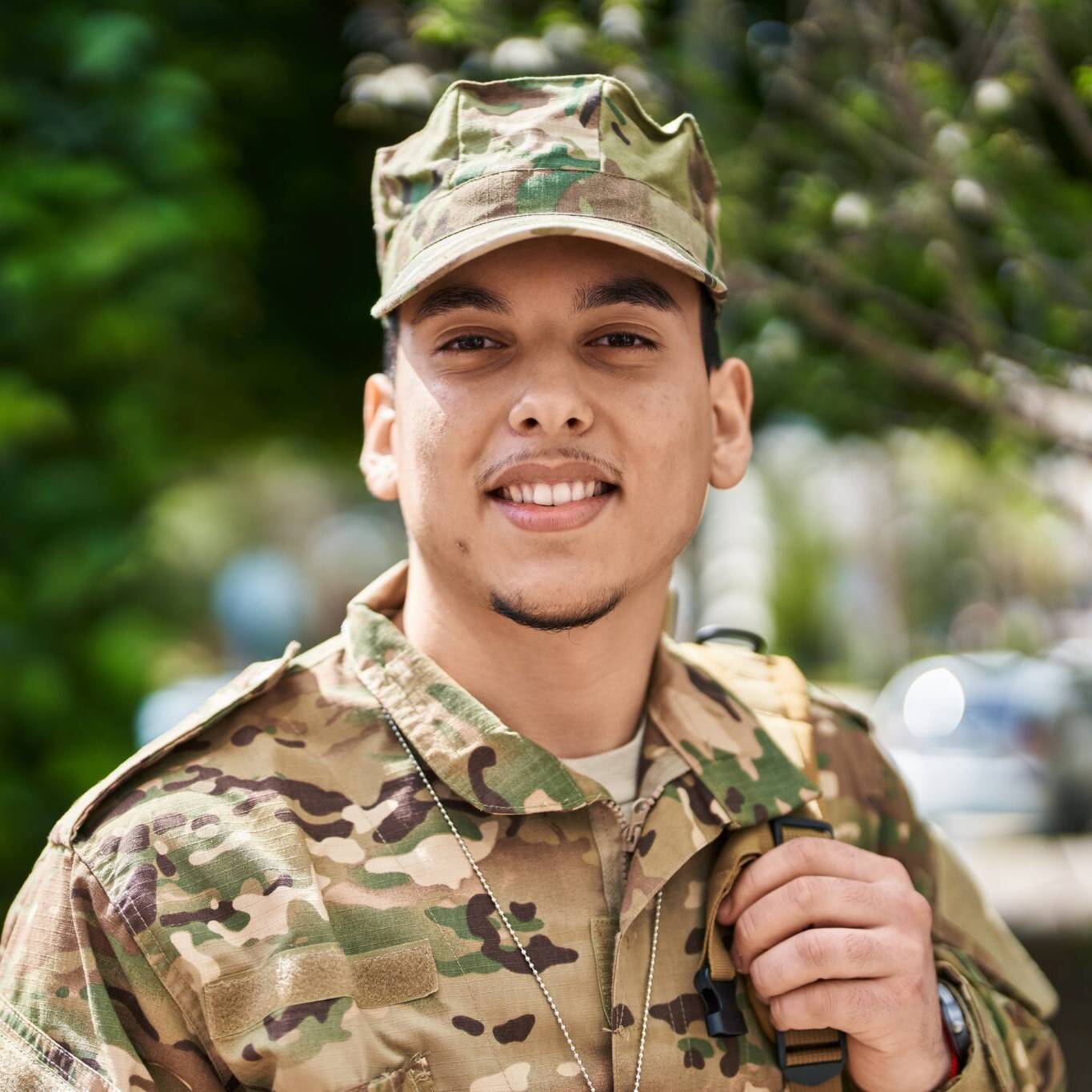 Young Man Army Soldier Smiling Confident Standing At Park